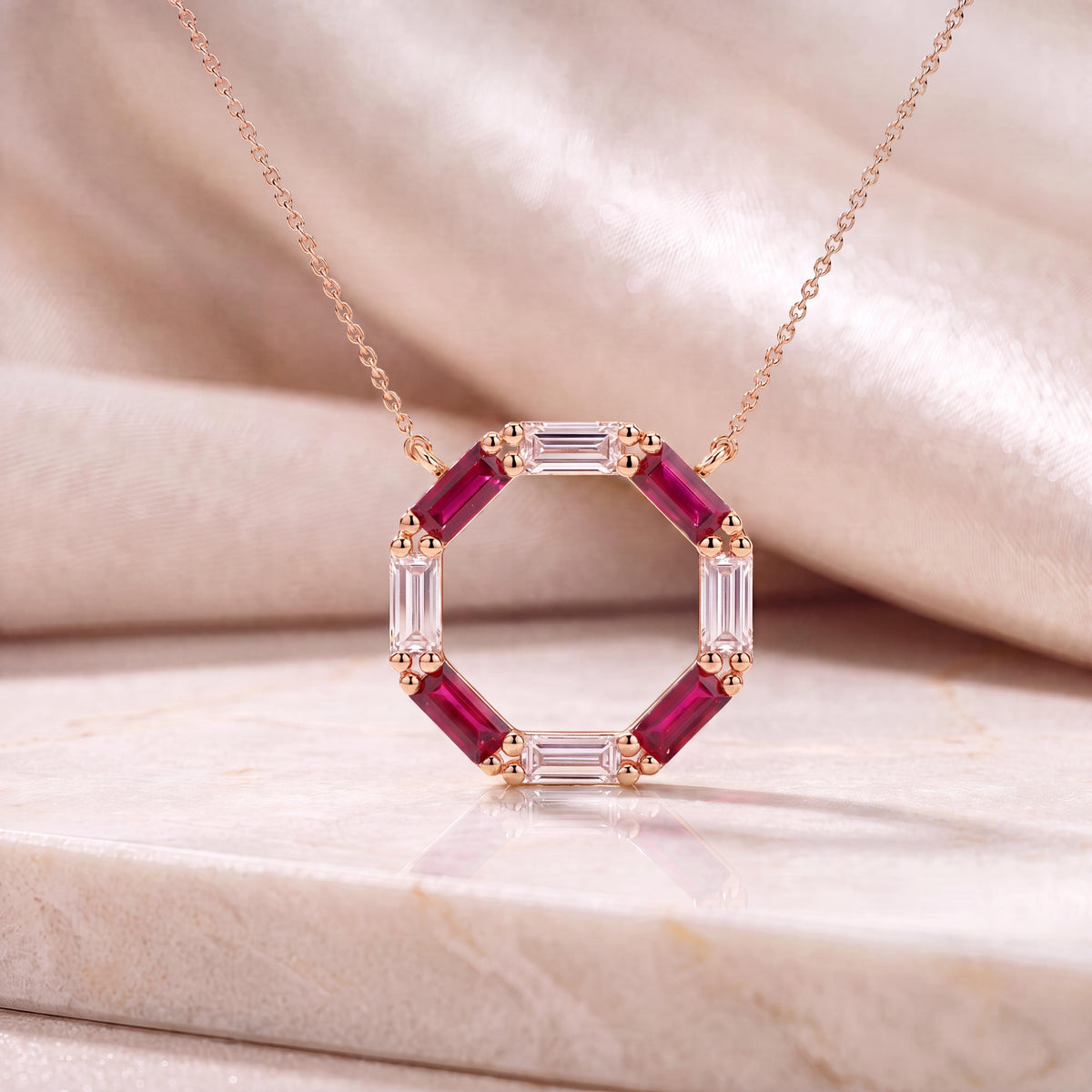 Baguette Ruby & Diamond Octagon Dainty 14K Solid Gold Pendant Necklace