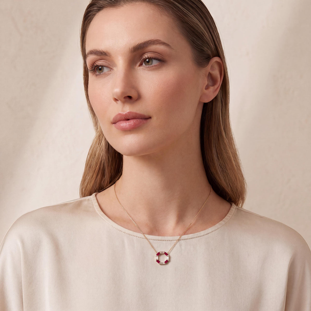 Baguette Ruby & Diamond Octagon Dainty 14K Solid Gold Pendant Necklace