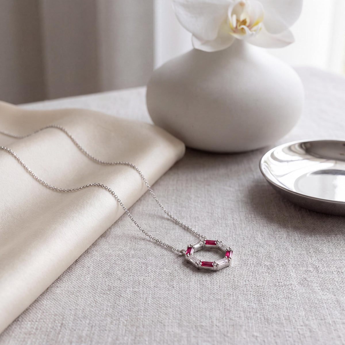 Baguette Ruby & Diamond Octagon Dainty 14K Solid Gold Pendant Necklace