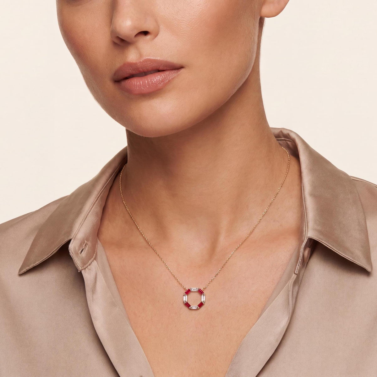 Baguette Ruby & Diamond Octagon Dainty 14K Solid Gold Pendant Necklace