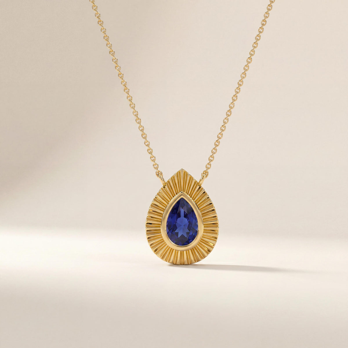 Pear Shape Sapphire Fluted Dainty Bezel 14K Solid Gold Pendant Necklace
