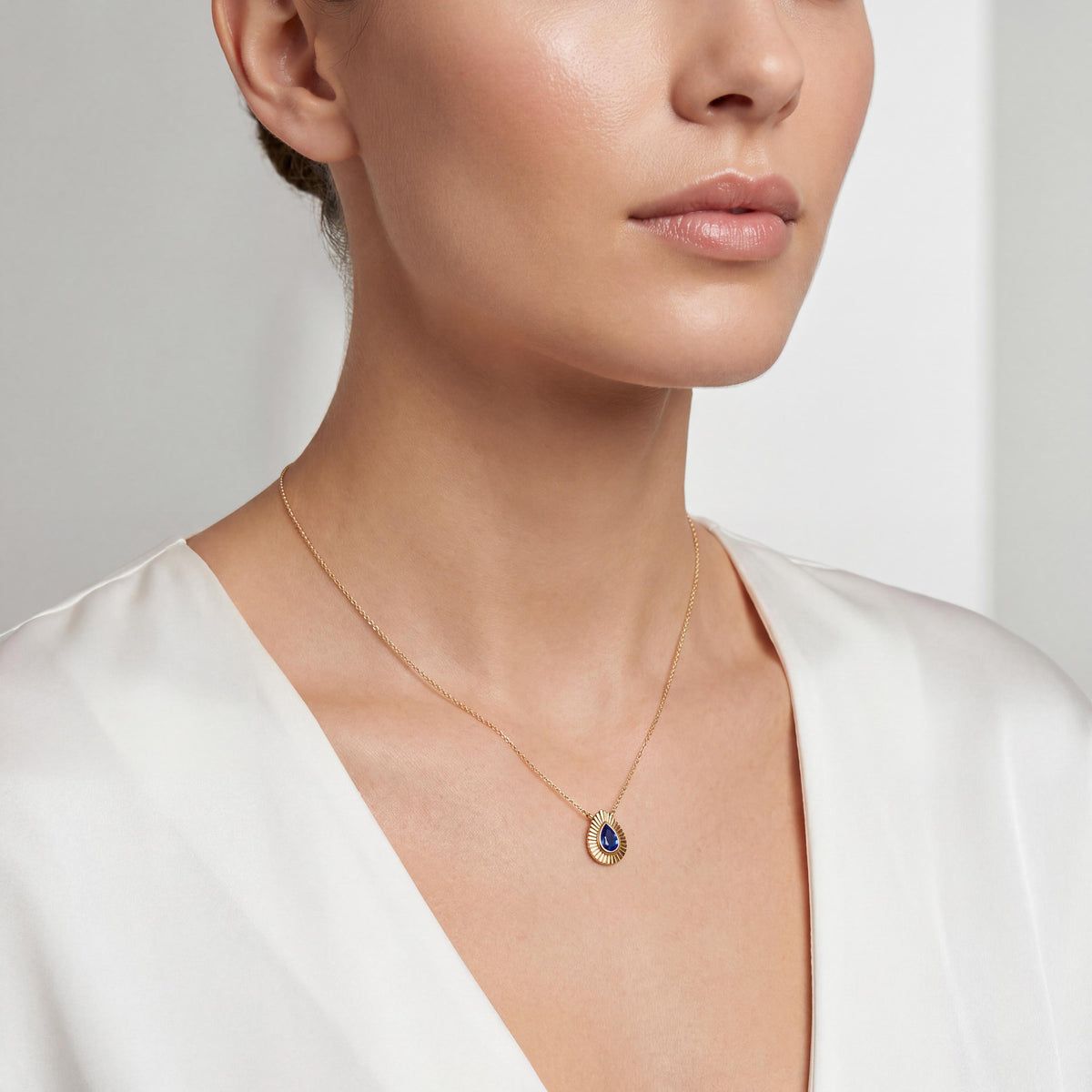 Pear Shape Sapphire Fluted Dainty Bezel 14K Solid Gold Pendant Necklace