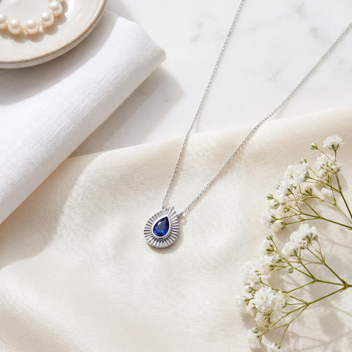 Pear Shape Sapphire Fluted Dainty Bezel 14K Solid Gold Pendant Necklace