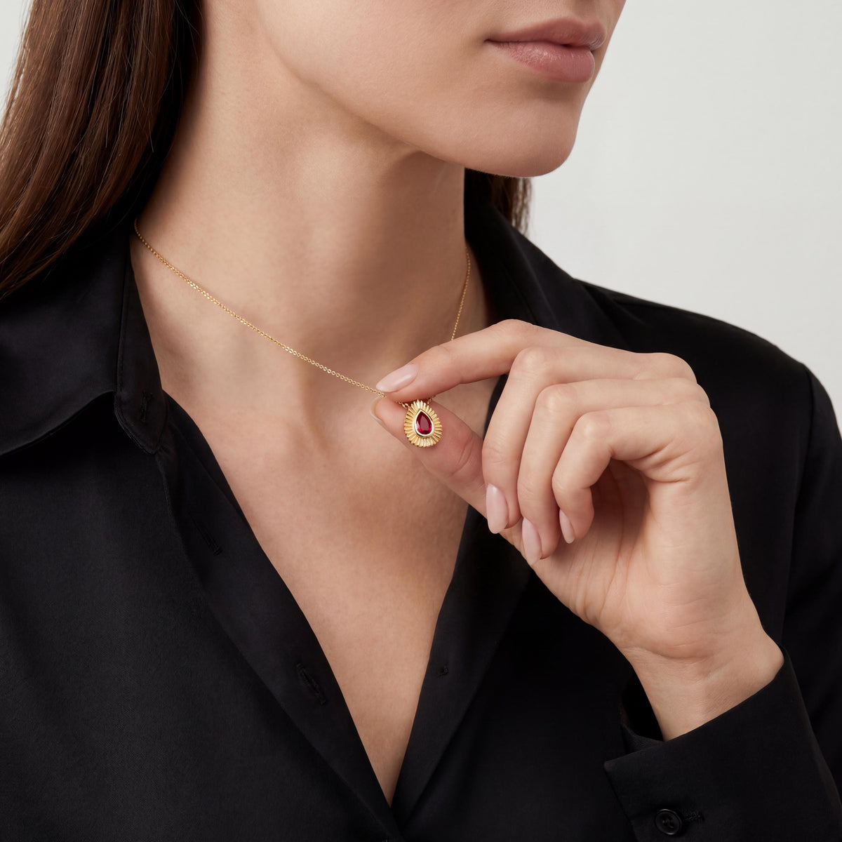 Pear Shape Ruby Fluted Dainty Bezel 14K Solid Gold Pendant Necklace