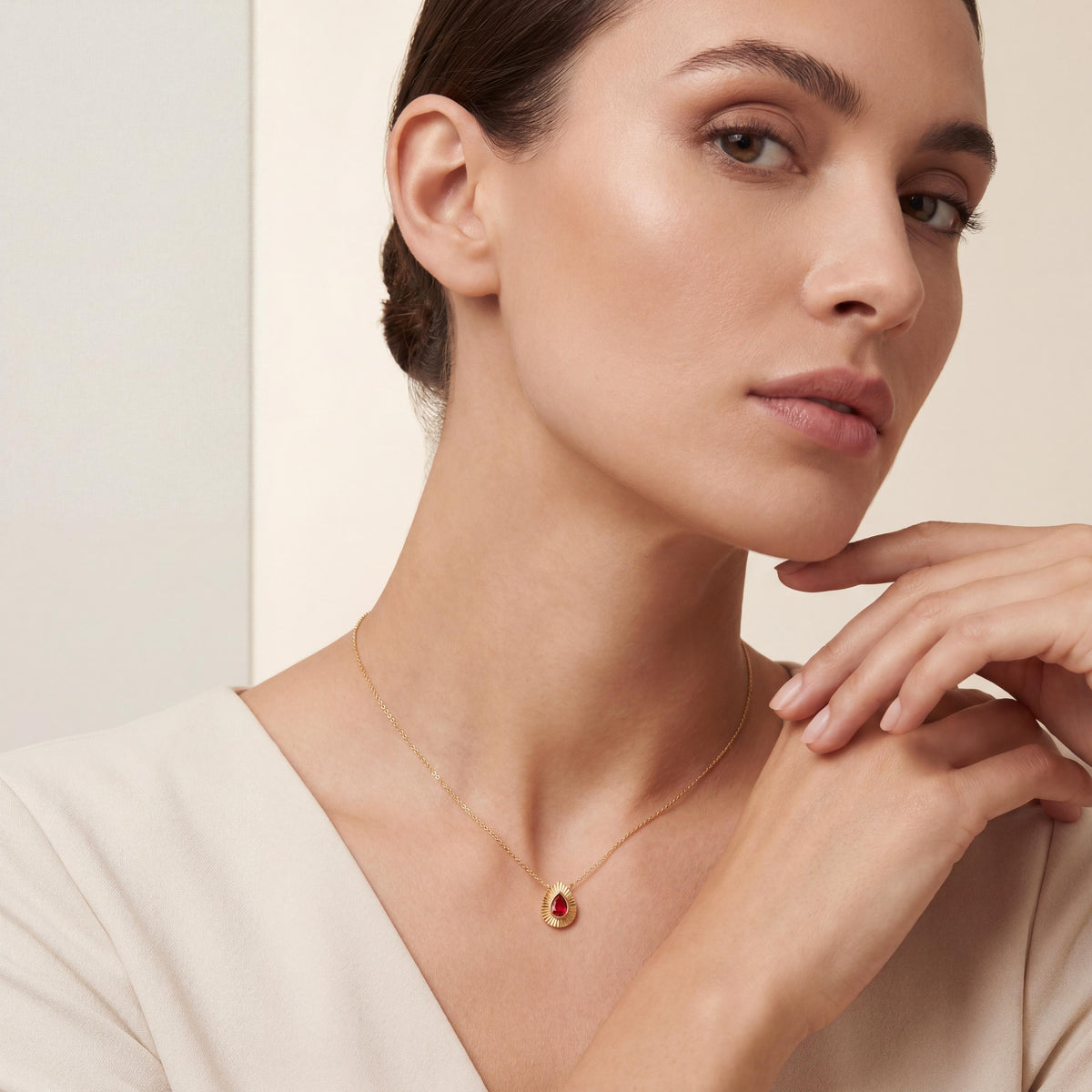 Pear Shape Ruby Fluted Dainty Bezel 14K Solid Gold Pendant Necklace