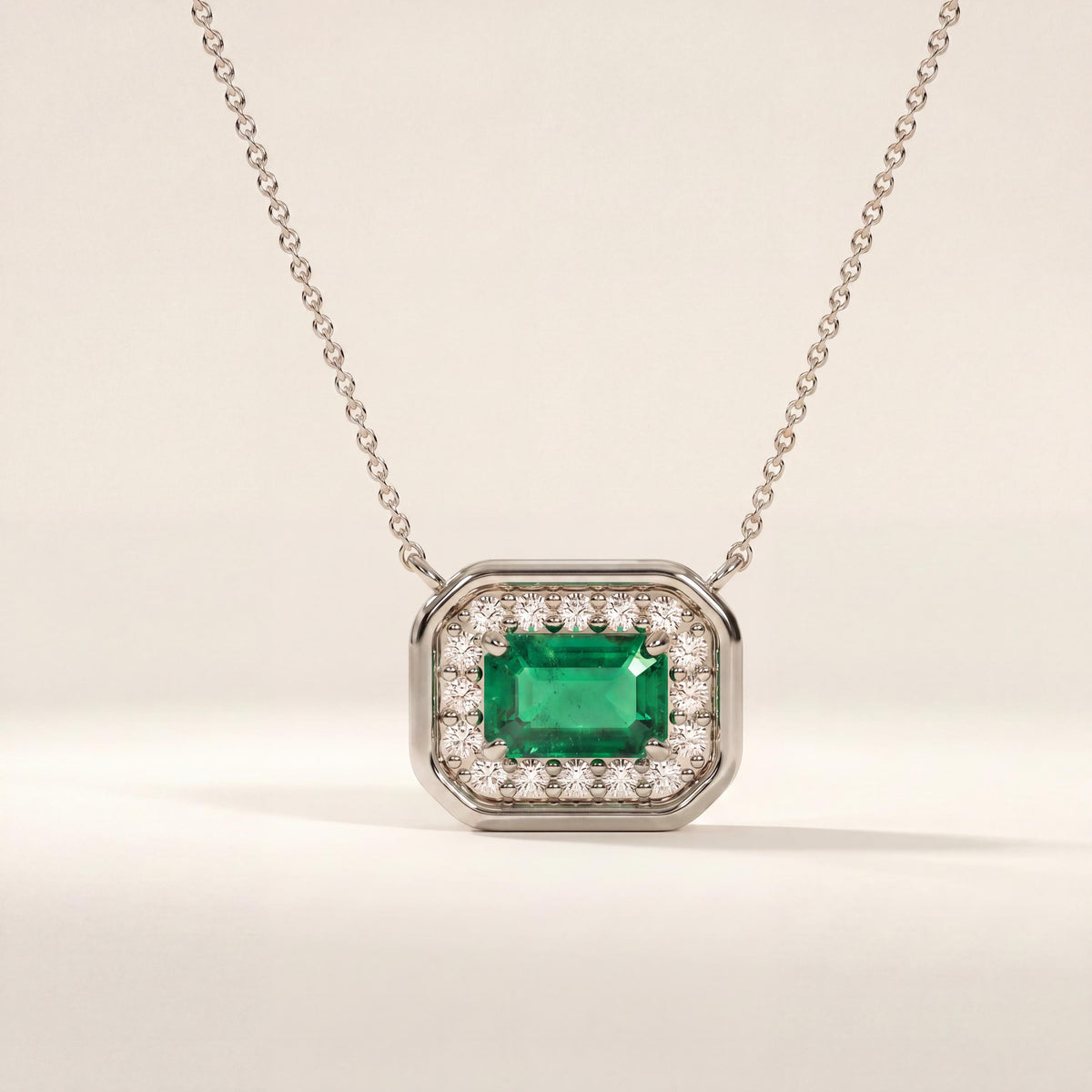 Emerald Cut Diamond & Emerald Halo Dainty Bezel 14K Solid Gold Pendant Necklace