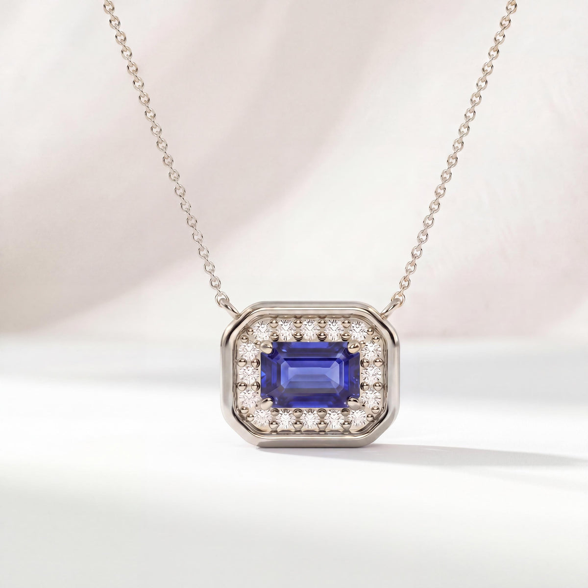 Emerald Cut Sapphire & Diamond Halo Dainty Bezel 14K Solid Gold Pendant Necklace