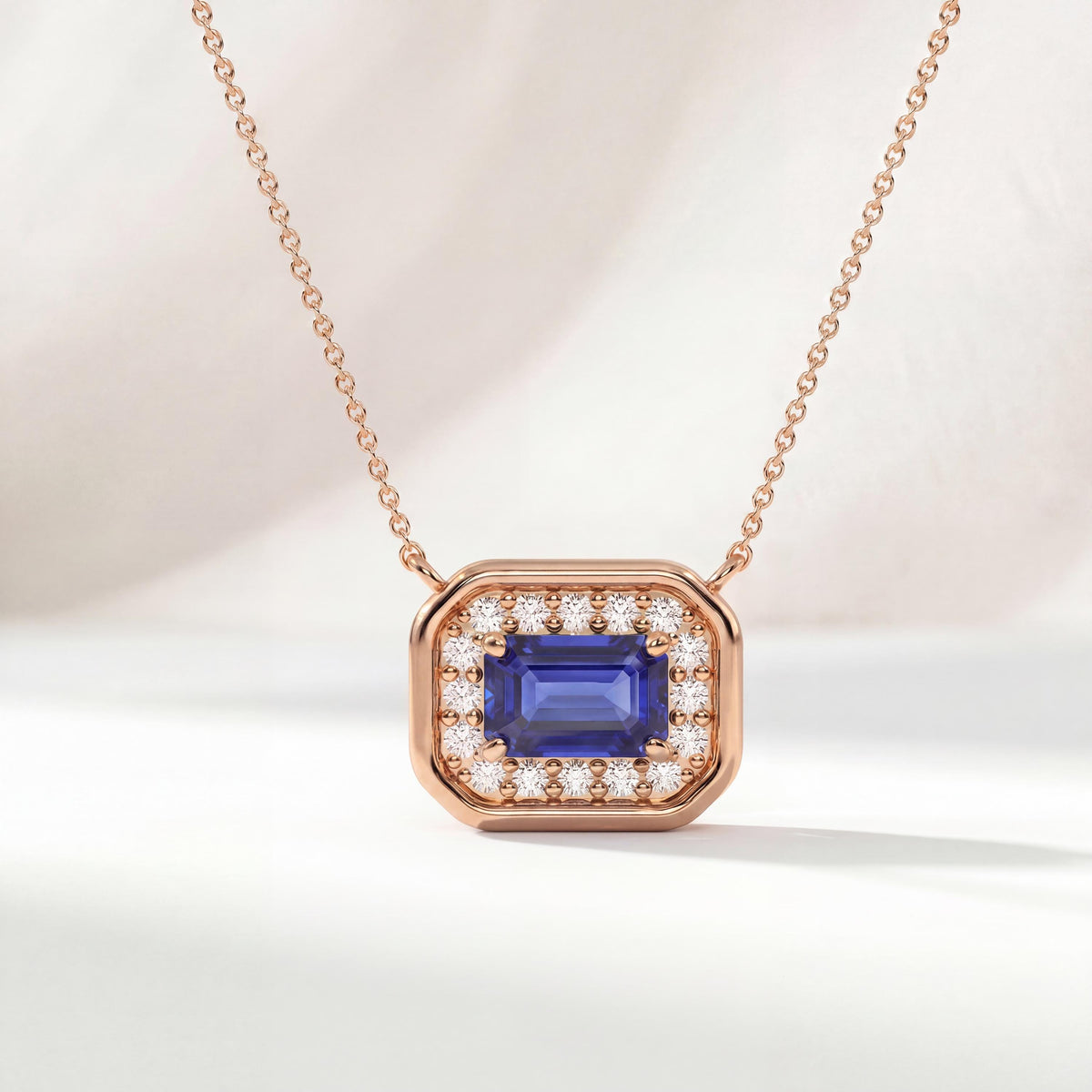 Emerald Cut Sapphire & Diamond Halo Dainty Bezel 14K Solid Gold Pendant Necklace