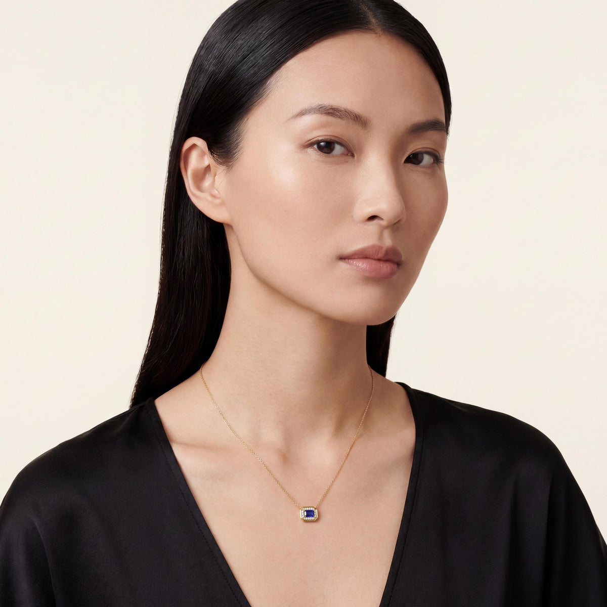 Emerald Cut Sapphire & Diamond Halo Dainty Bezel 14K Solid Gold Pendant Necklace