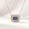 Emerald Cut Sapphire & Diamond Halo Dainty Bezel 14K Solid Gold Pendant Necklace