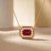 Emerald Cut Ruby & Diamond Halo Dainty Bezel 14K Solid Gold Pendant Necklace