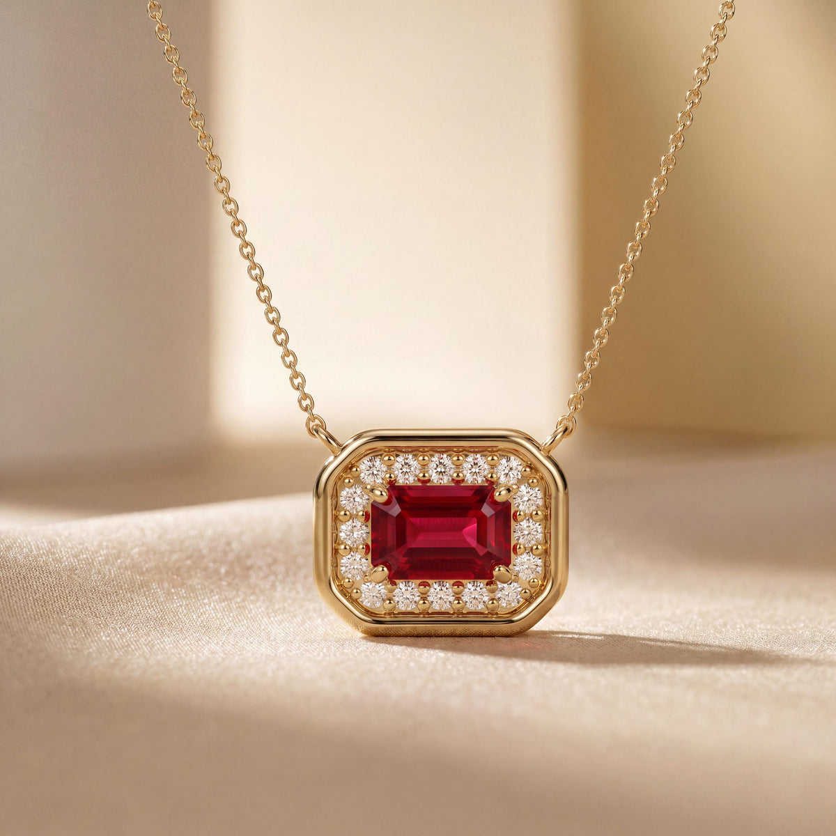 Emerald Cut Ruby & Diamond Halo Dainty Bezel 14K Solid Gold Pendant Necklace