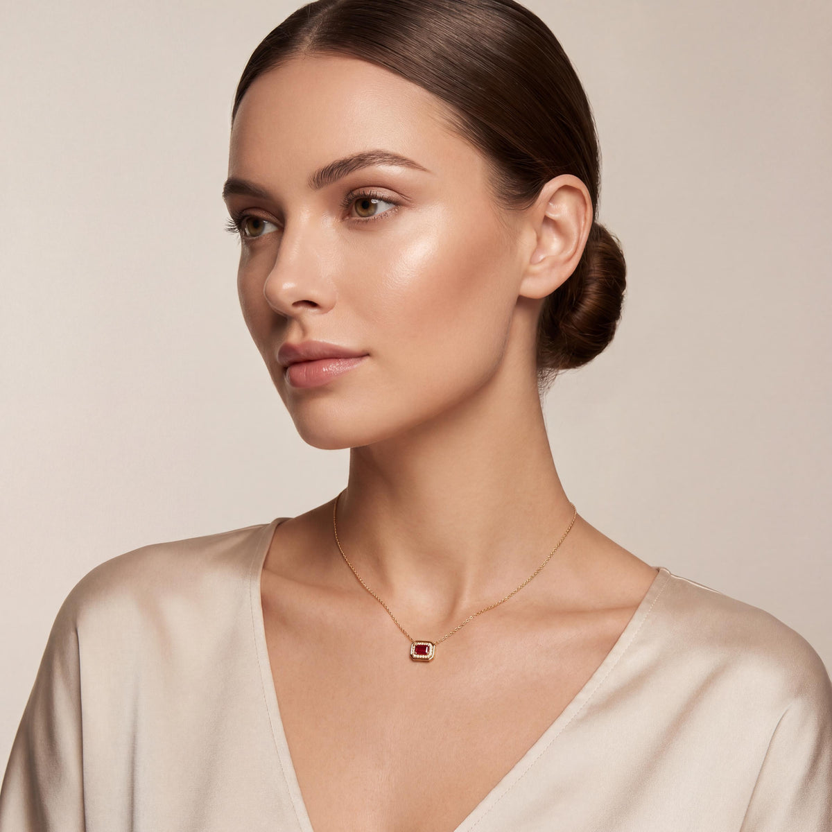 Emerald Cut Ruby & Diamond Halo Dainty Bezel 14K Solid Gold Pendant Necklace