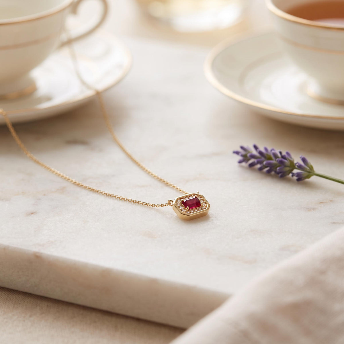Emerald Cut Ruby & Diamond Halo Dainty Bezel 14K Solid Gold Pendant Necklace