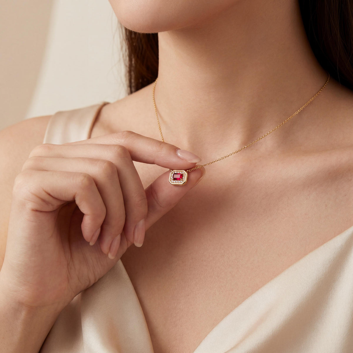 Emerald Cut Ruby & Diamond Halo Dainty Bezel 14K Solid Gold Pendant Necklace