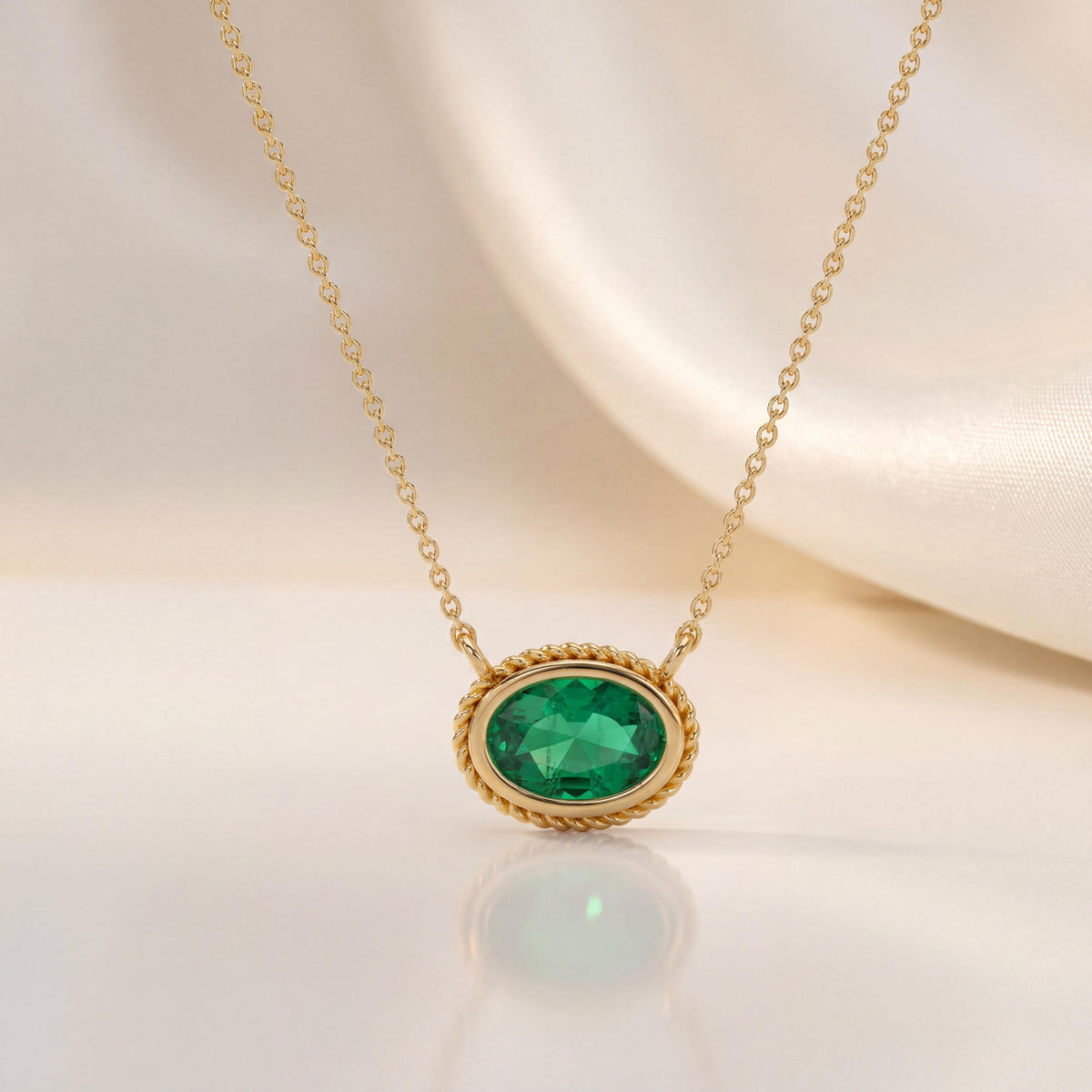 Oval Emerald Solitaire Bezel Set Halo Rope 14K Solid Gold Pendant Necklace