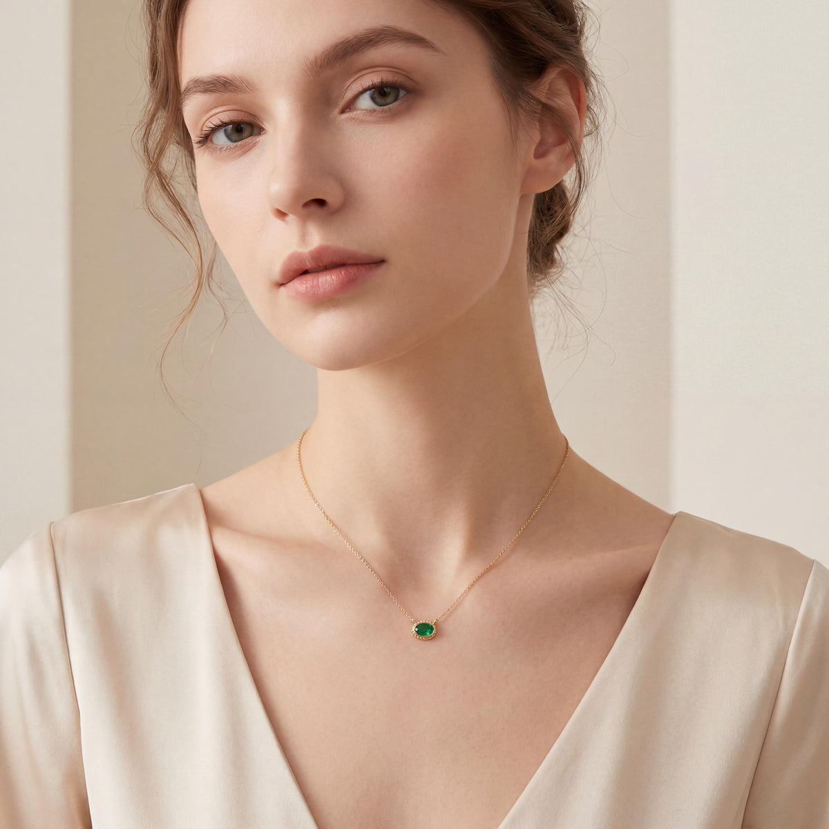 Oval Emerald Solitaire Bezel Set Halo Rope 14K Solid Gold Pendant Necklace