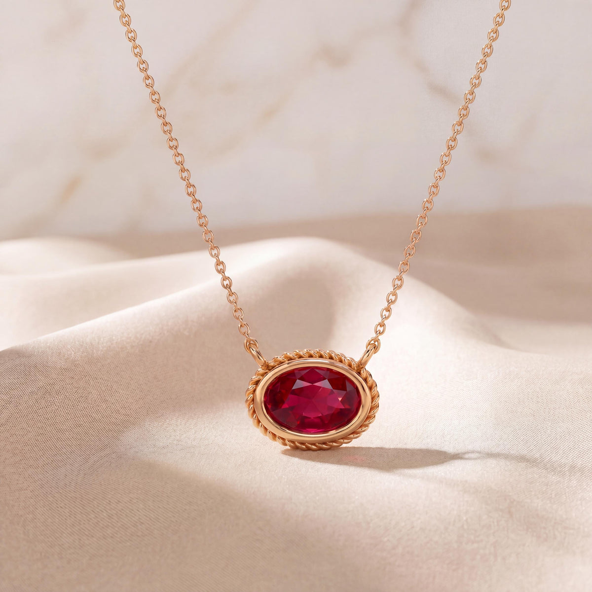 Oval Ruby Solitaire Bezel Set Halo Rope 14K Solid Gold Pendant Necklace