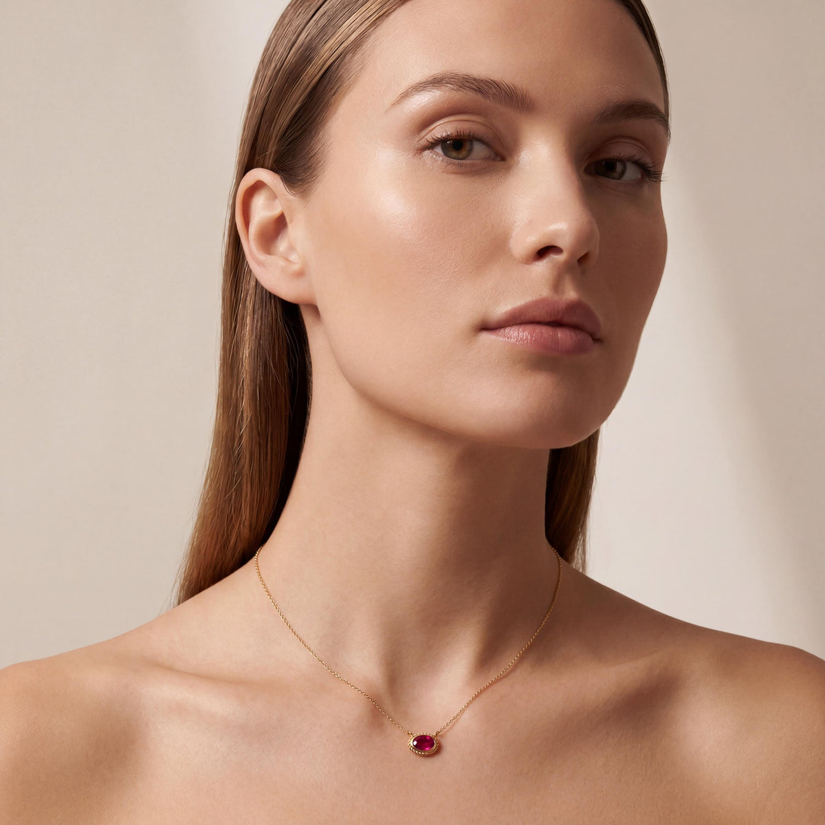 Oval Ruby Solitaire Bezel Set Halo Rope 14K Solid Gold Pendant Necklace