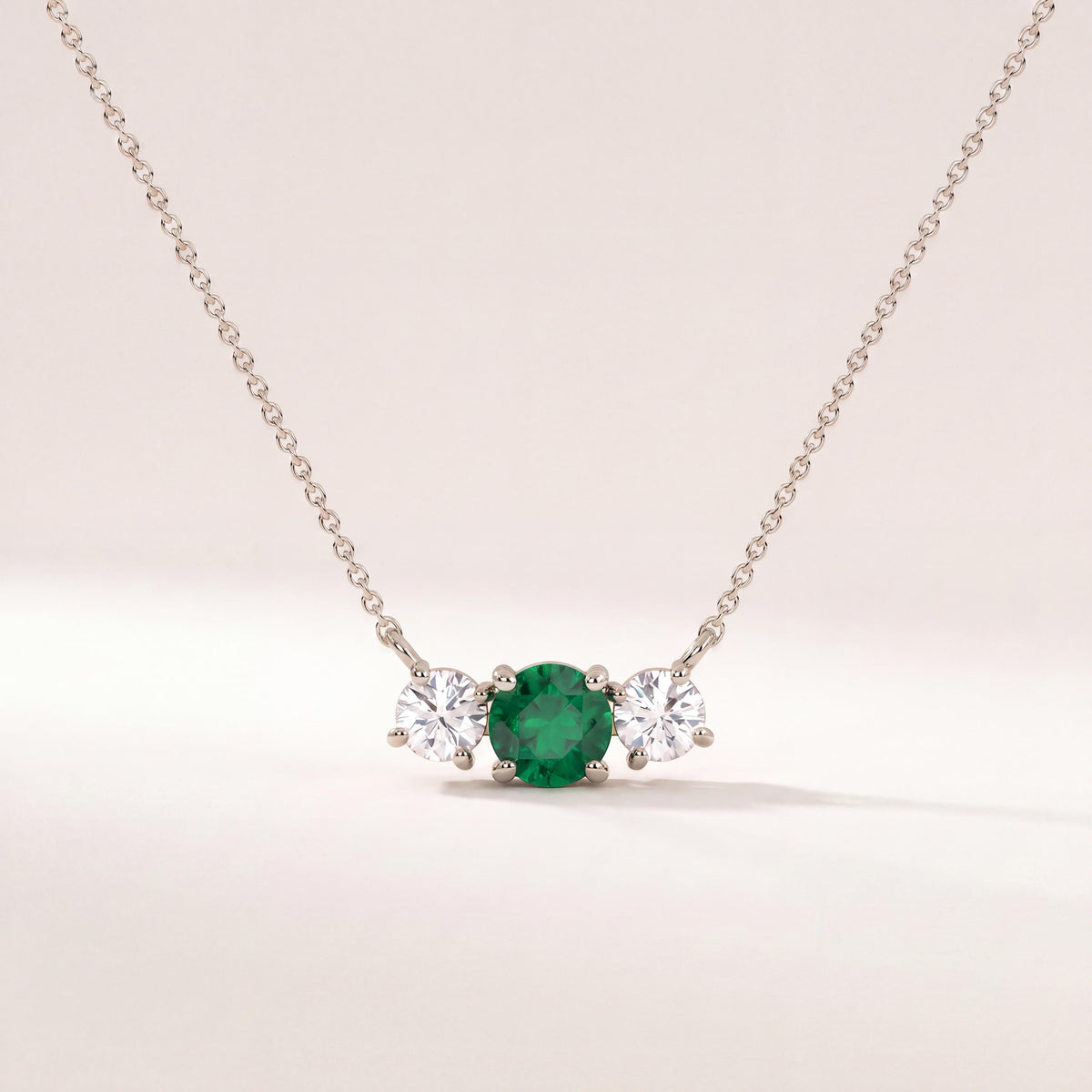 Round Emerald & Diamond Three Stone Dainty Necklace 14K Solid Gold Pendant