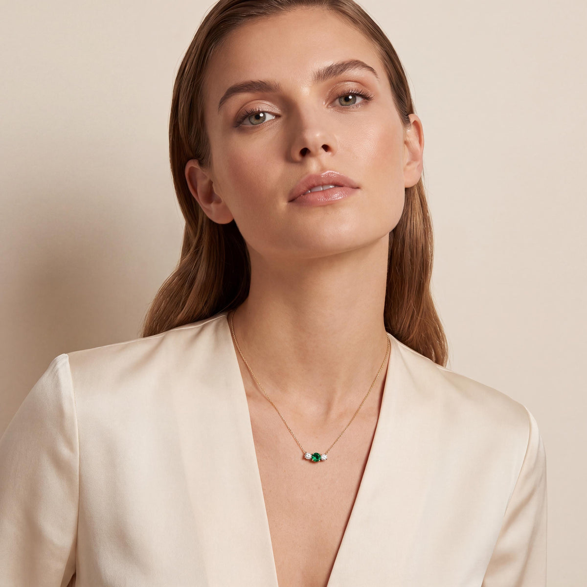 Round Emerald & Diamond Three Stone Dainty Necklace 14K Solid Gold Pendant