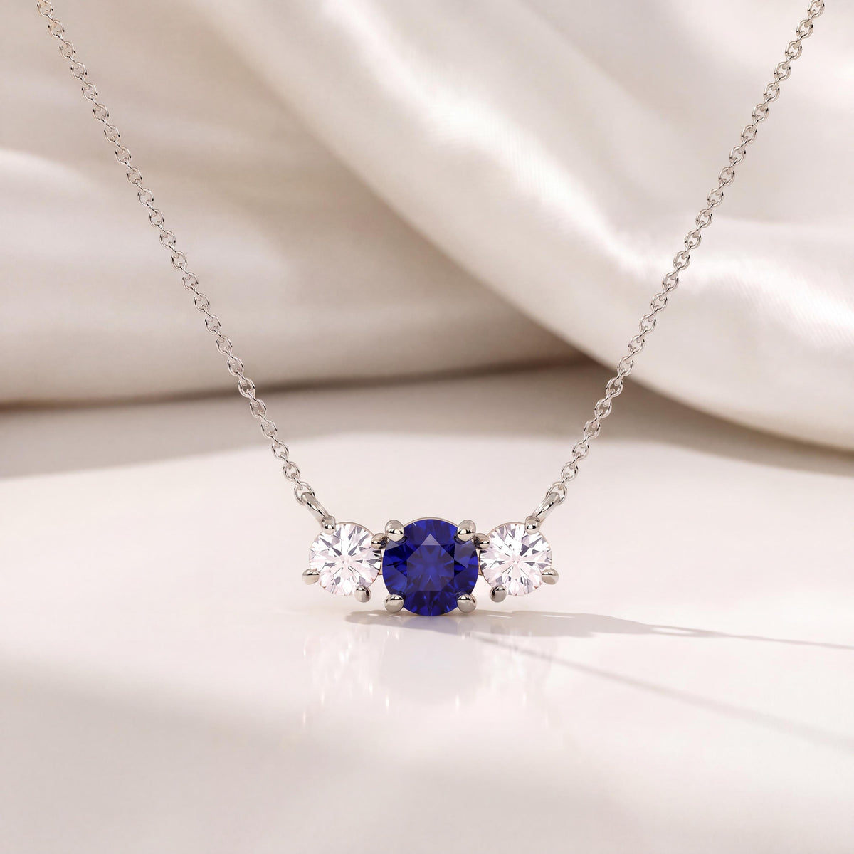 Round Sapphire & Diamond Three Stone Dainty Necklace 14K Solid Gold Pendant