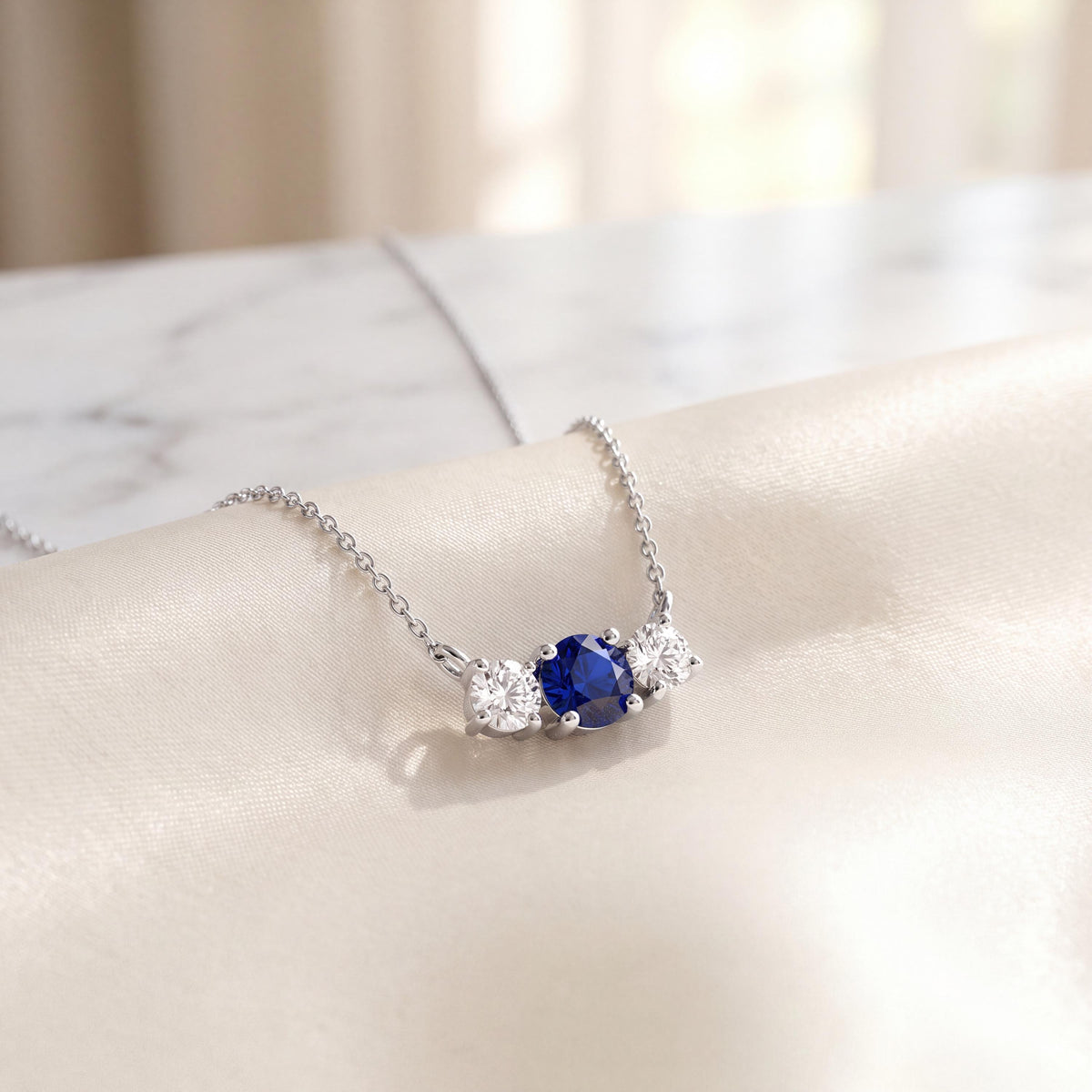 Round Sapphire & Diamond Three Stone Dainty Necklace 14K Solid Gold Pendant