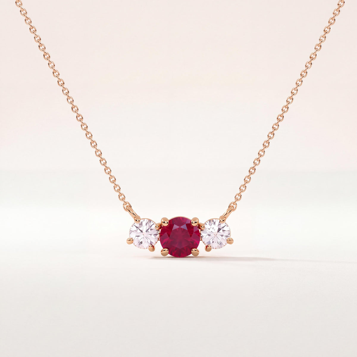 Round Ruby & Diamond Three Stone Dainty Necklace 14K Solid Gold Pendant