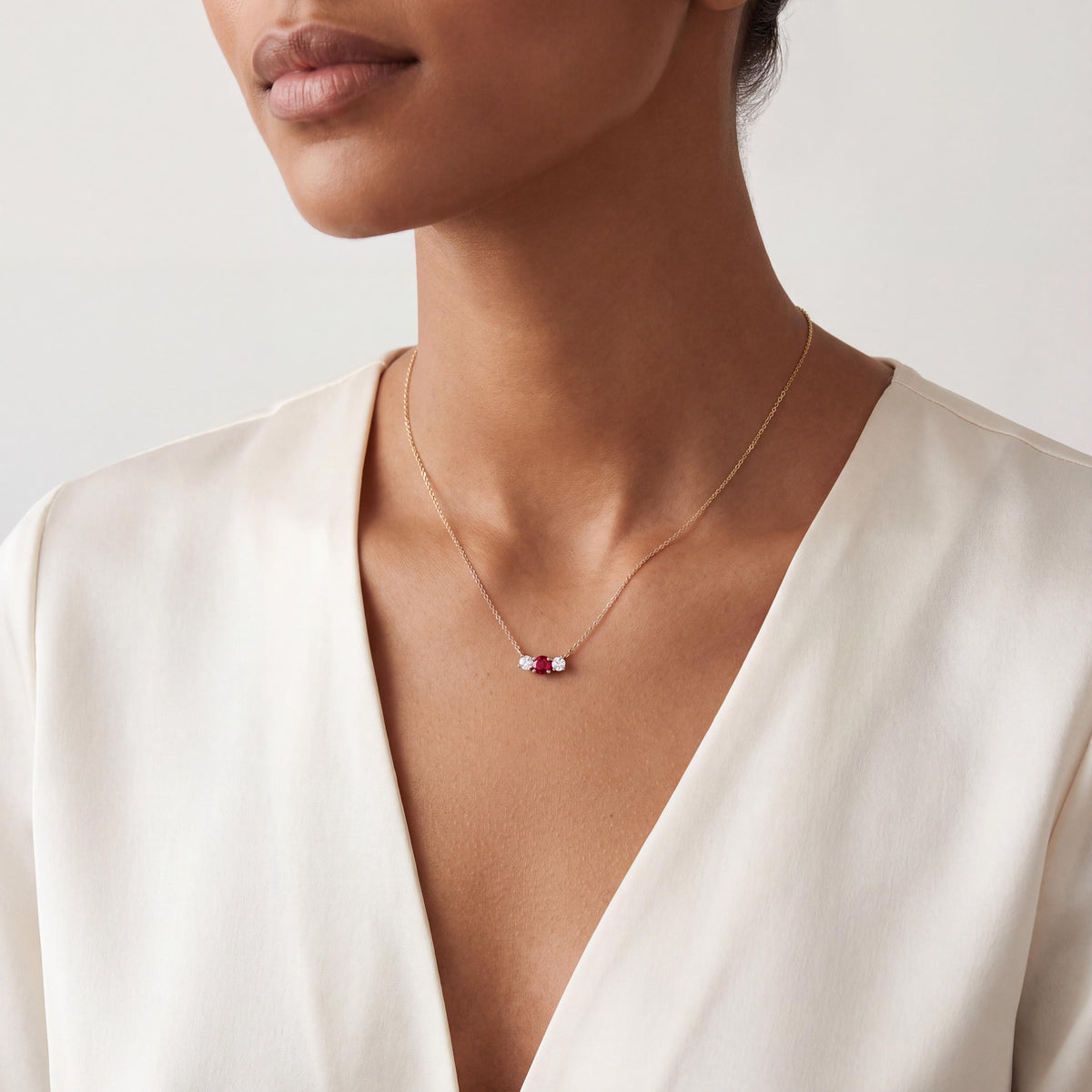 Round Ruby & Diamond Three Stone Dainty Necklace 14K Solid Gold Pendant