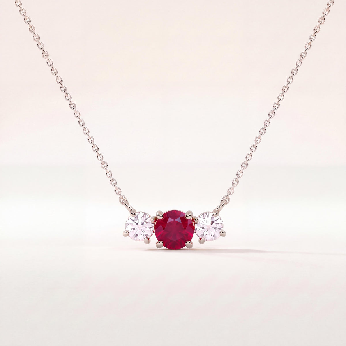 Round Ruby & Diamond Three Stone Dainty Necklace 14K Solid Gold Pendant