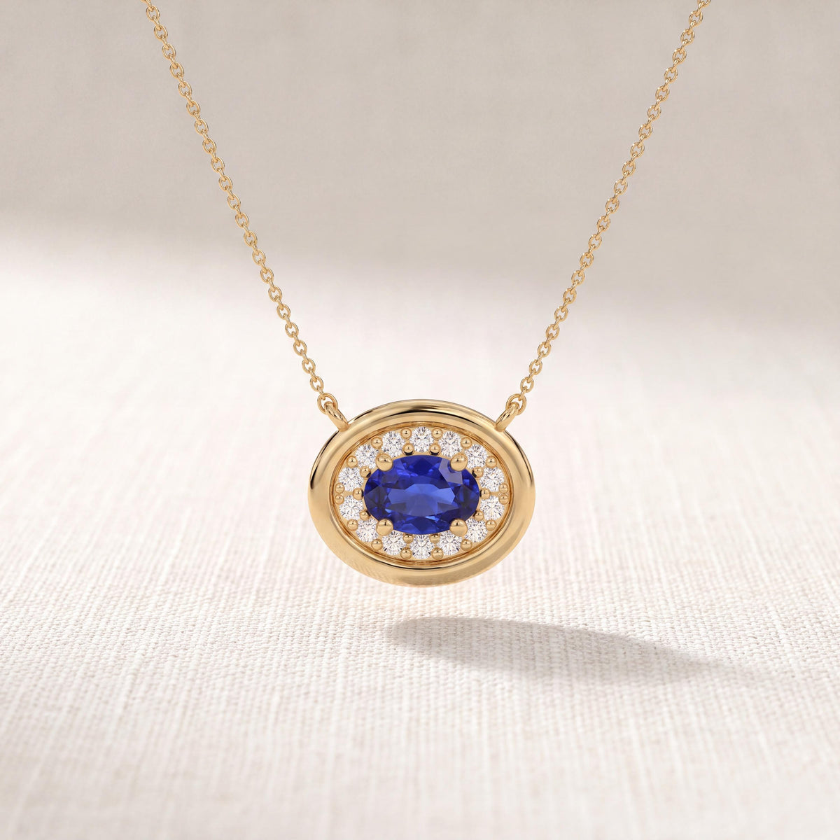 Oval Sapphire & Diamond Halo Dainty Bezel 14K Solid Gold Pendant Necklace