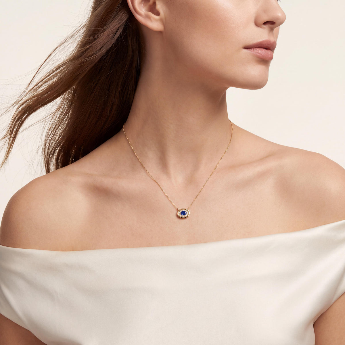Oval Sapphire & Diamond Halo Dainty Bezel 14K Solid Gold Pendant Necklace