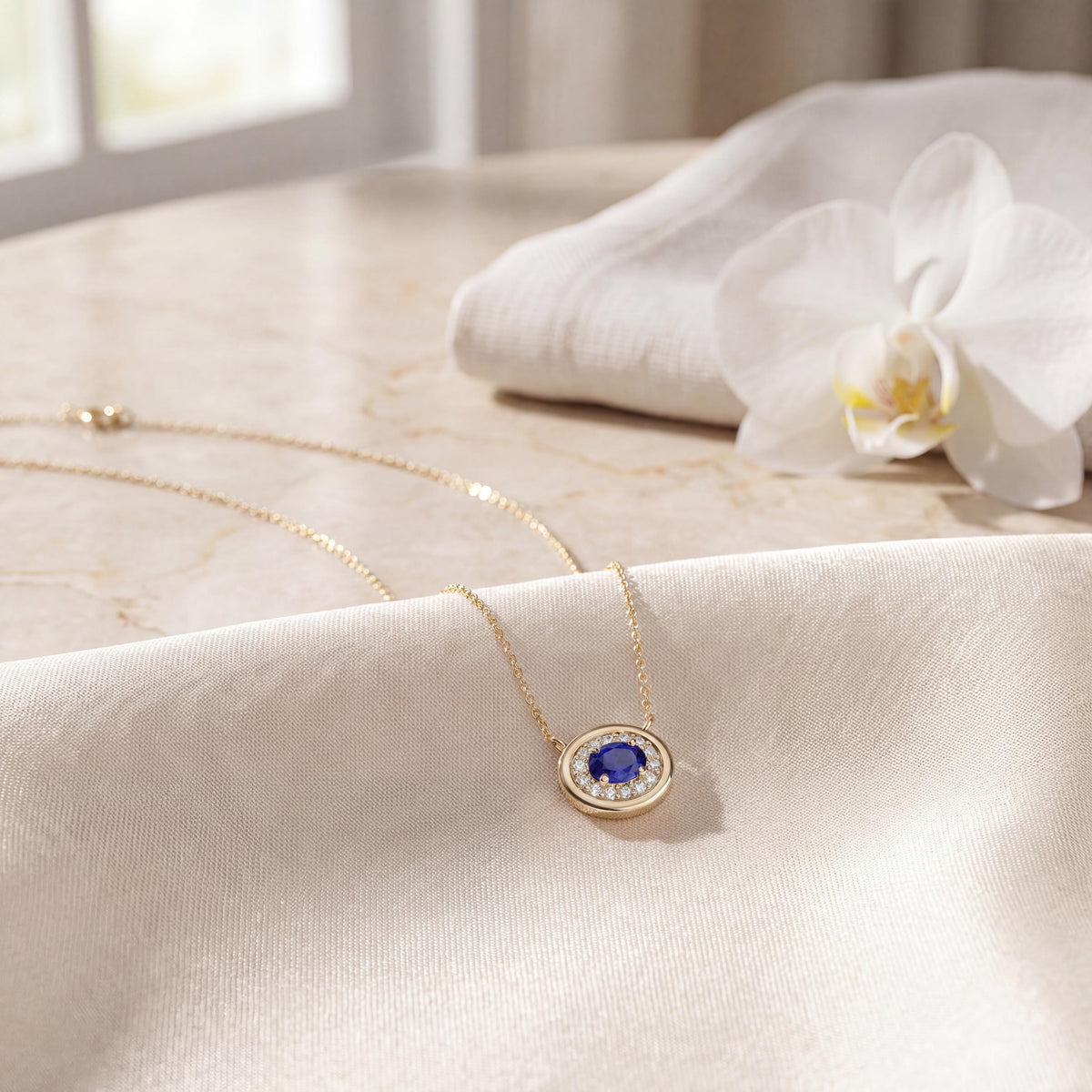 Oval Sapphire & Diamond Halo Dainty Bezel 14K Solid Gold Pendant Necklace