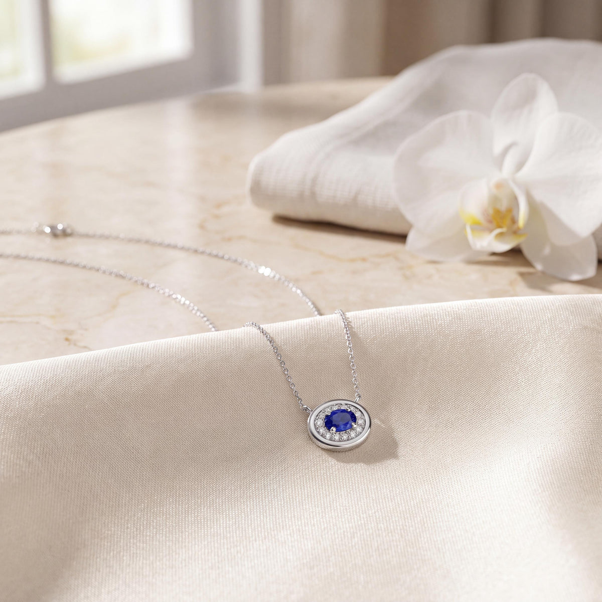 Oval Sapphire & Diamond Halo Dainty Bezel 14K Solid Gold Pendant Necklace