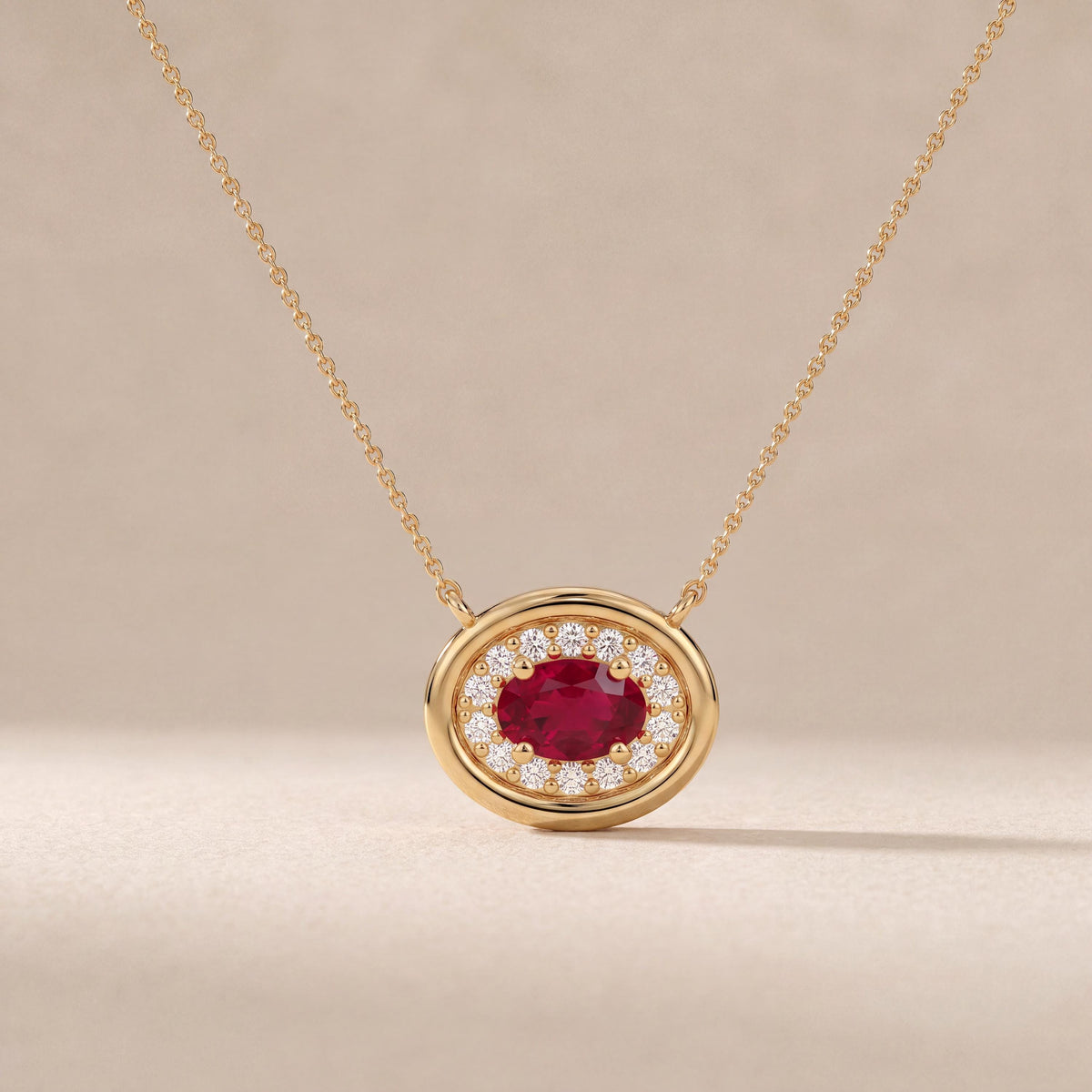 Oval Ruby & Diamond Halo Dainty Bezel 14K Solid Gold Pendant Necklace