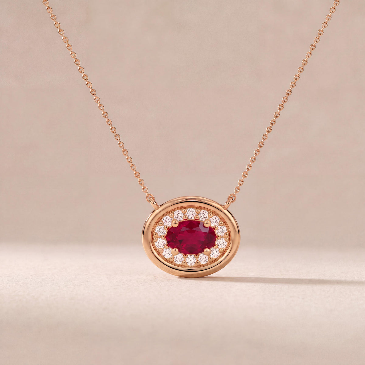 Oval Ruby & Diamond Halo Dainty Bezel 14K Solid Gold Pendant Necklace