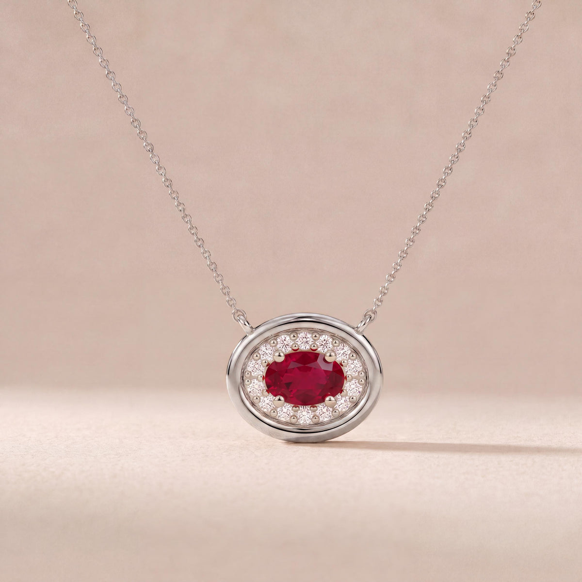 Oval Ruby & Diamond Halo Dainty Bezel 14K Solid Gold Pendant Necklace