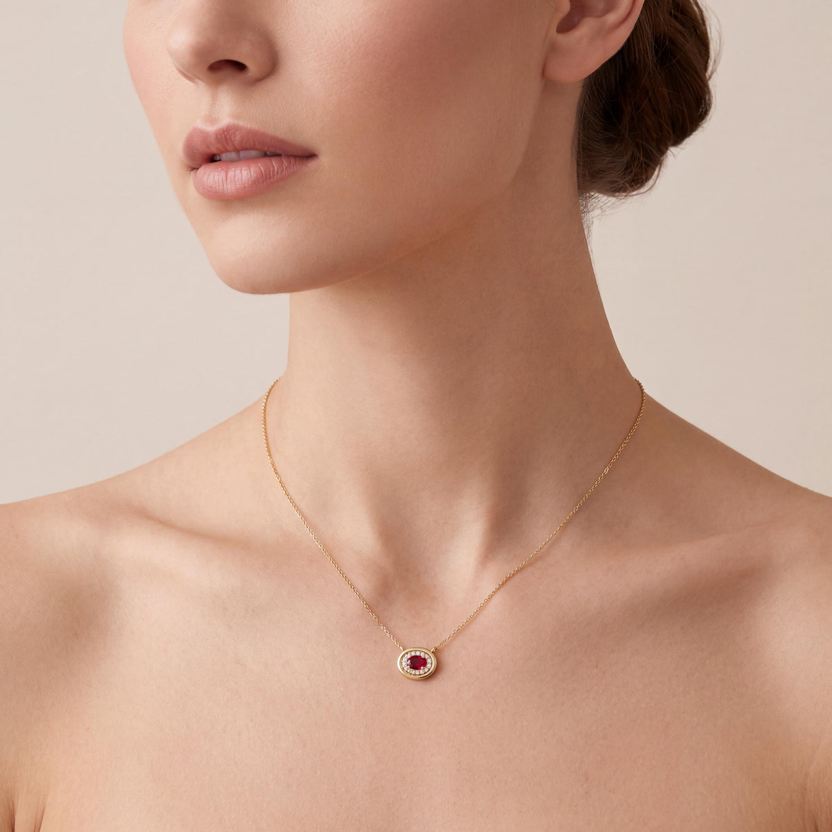 Oval Ruby & Diamond Halo Dainty Bezel 14K Solid Gold Pendant Necklace