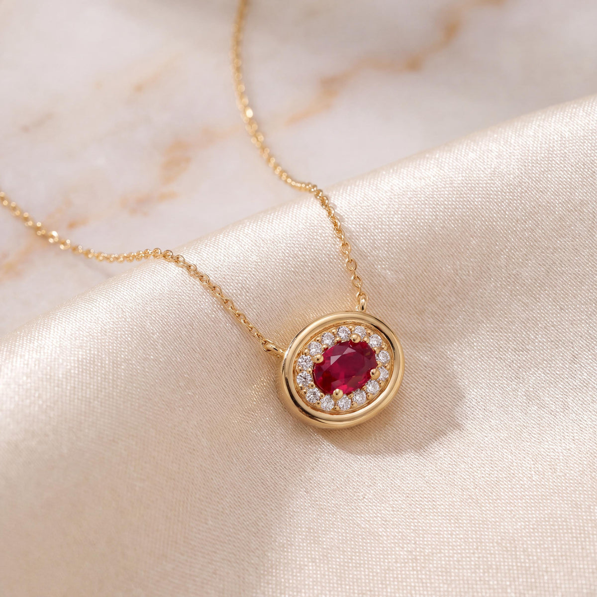 Oval Ruby & Diamond Halo Dainty Bezel 14K Solid Gold Pendant Necklace