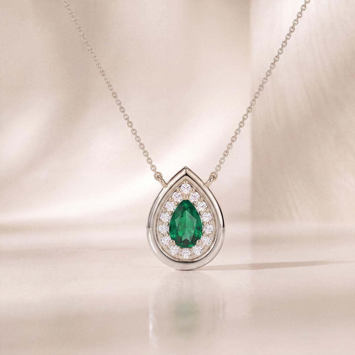Emerald Pear Shape & Diamond Halo Dainty Bezel 14K Solid Gold Pendant Necklace