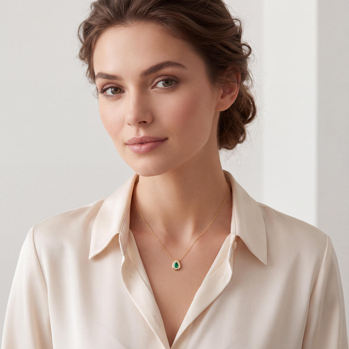 Emerald Pear Shape & Diamond Halo Dainty Bezel 14K Solid Gold Pendant Necklace