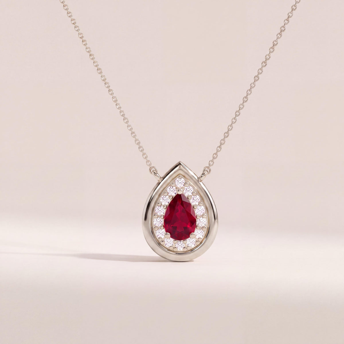 Ruby Pear Shape & Diamond Halo Dainty Bezel 14K Solid Gold Pendant Necklace