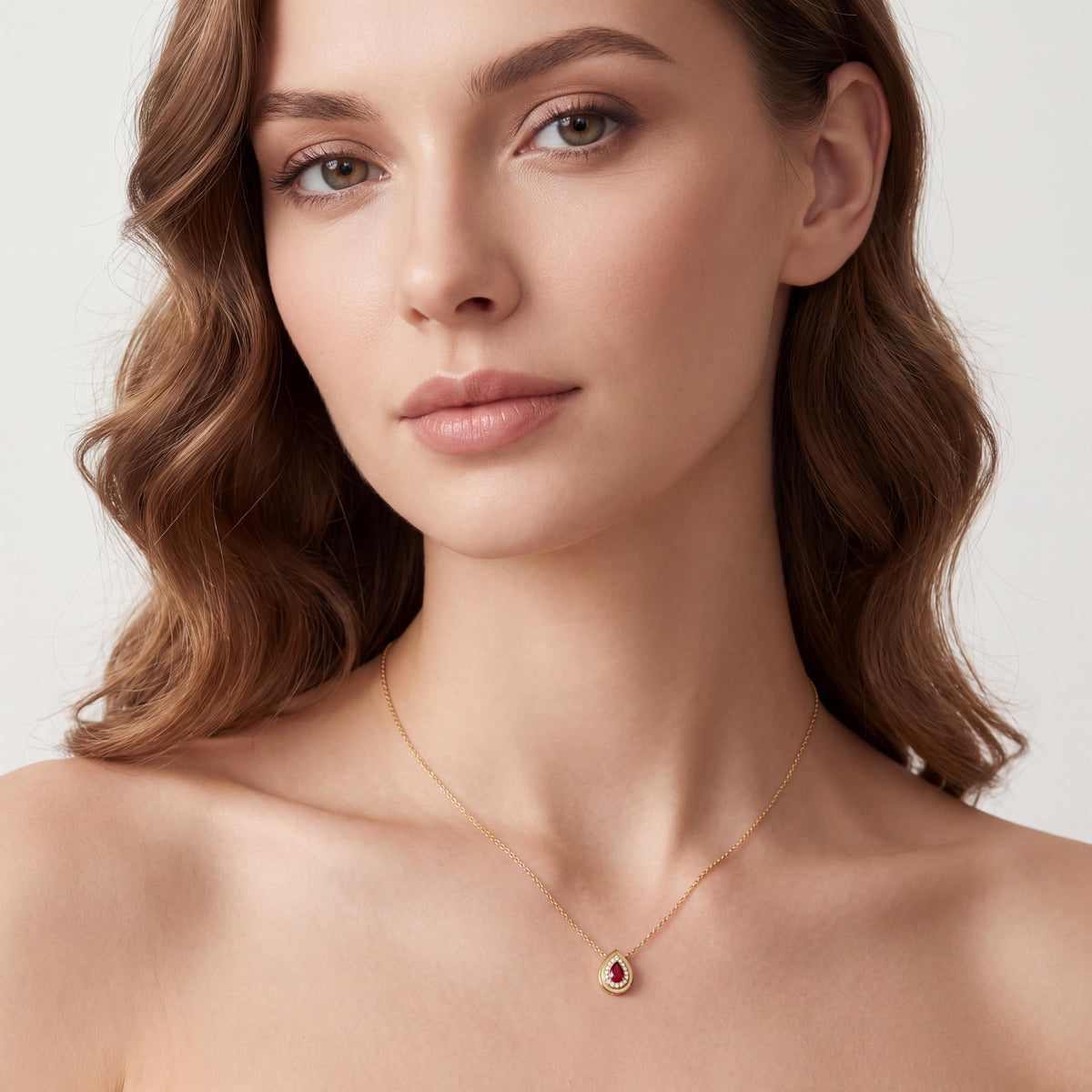 Ruby Pear Shape & Diamond Halo Dainty Bezel 14K Solid Gold Pendant Necklace