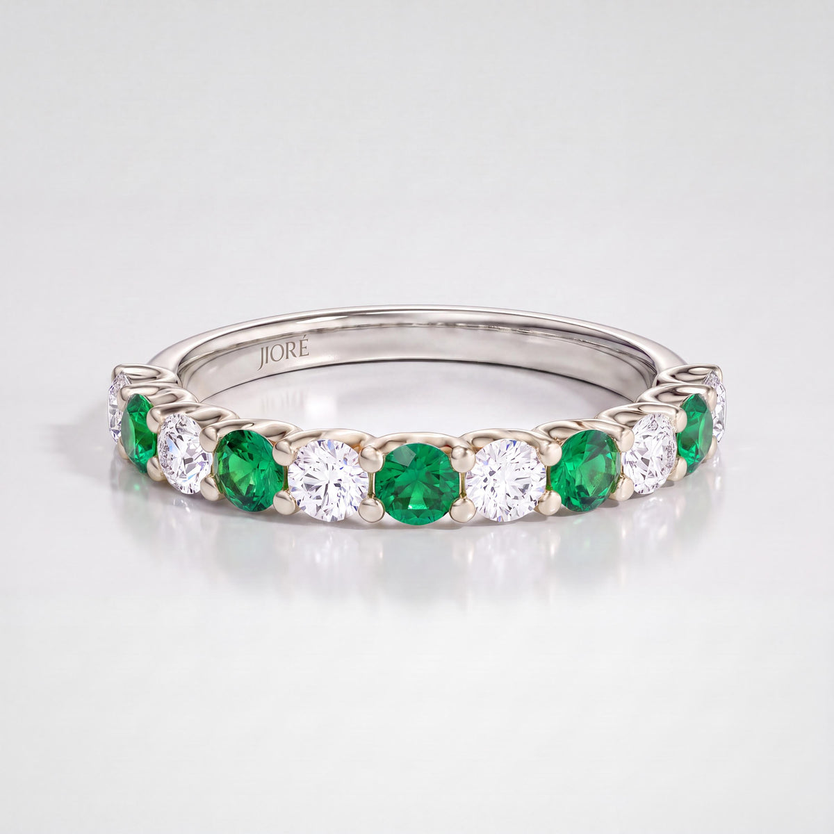 Round Emerald & Diamond Half Way Eternity Wedding Band Ring 14K Solid Gold Scallop Set