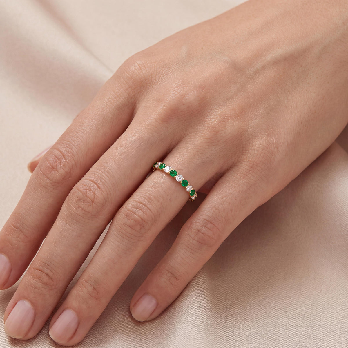 Round Emerald & Diamond Half Way Eternity Wedding Band Ring 14K Solid Gold Scallop Set