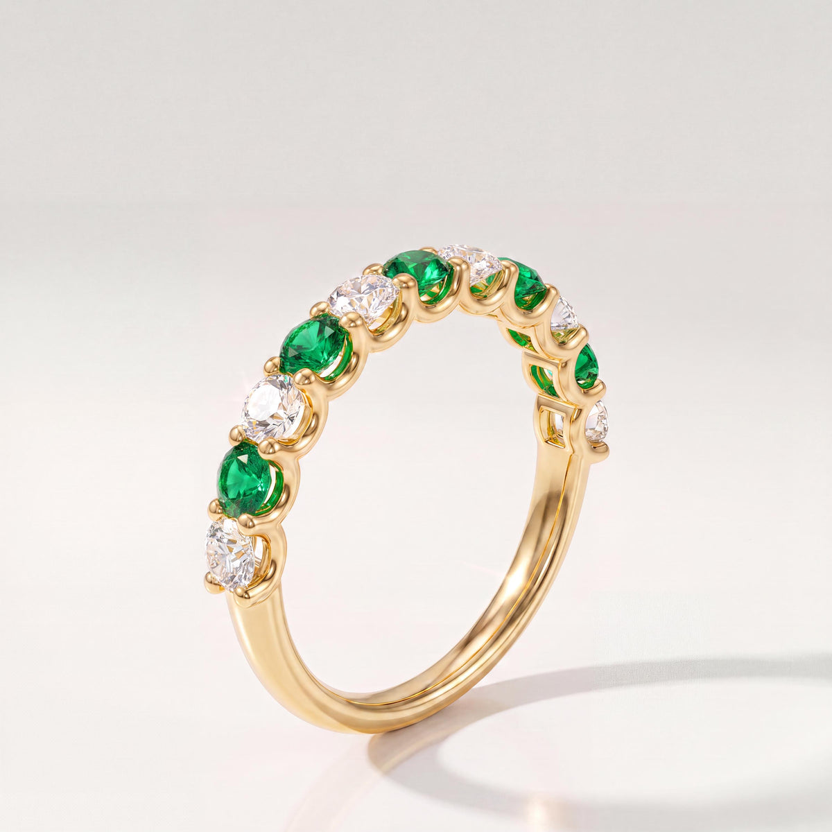 Round Emerald & Diamond Half Way Eternity Wedding Band Ring 14K Solid Gold Scallop Set