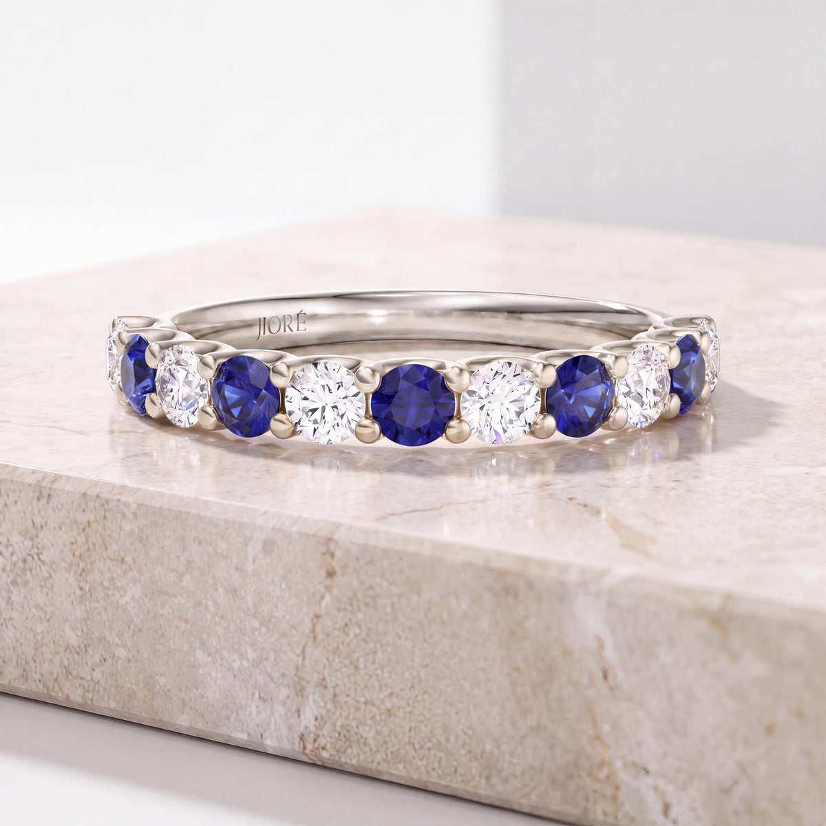 Round Sapphire & Diamond Half Way Eternity Wedding Band Ring 14K Solid Gold Scallop Set