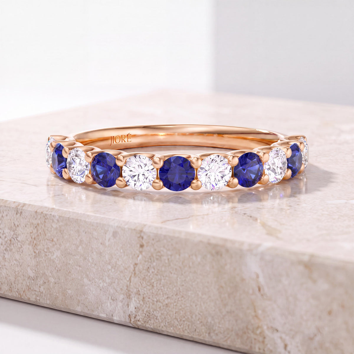 Round Sapphire & Diamond Half Way Eternity Wedding Band Ring 14K Solid Gold Scallop Set