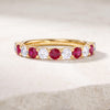 Round Ruby & Diamond Half Way Eternity Wedding Band Ring 14K Solid Gold Scallop Set