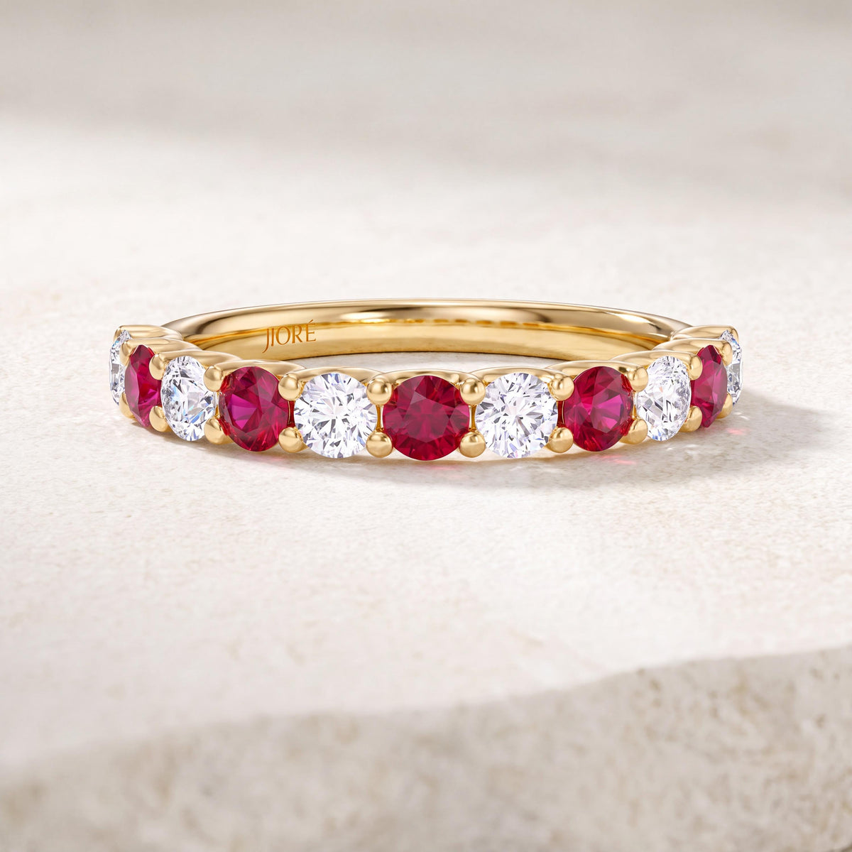 Round Ruby & Diamond Half Way Eternity Wedding Band Ring 14K Solid Gold Scallop Set